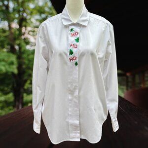 Charter Club Y2K White Christmas Button-Up Blouse-Candy Cane Embroidery (Sz 8)